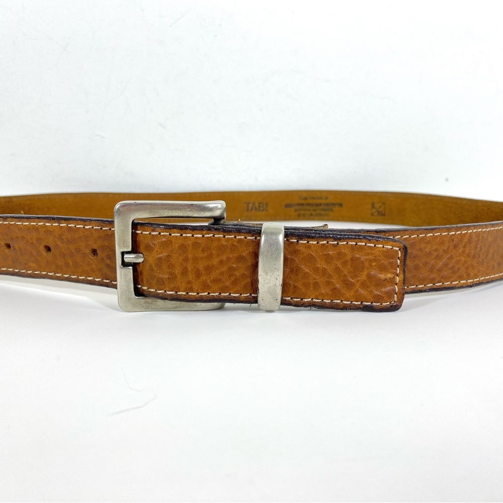 Narrow Tan Italian Leather Belt with Square Silver Buckle Vintage Large Extra L